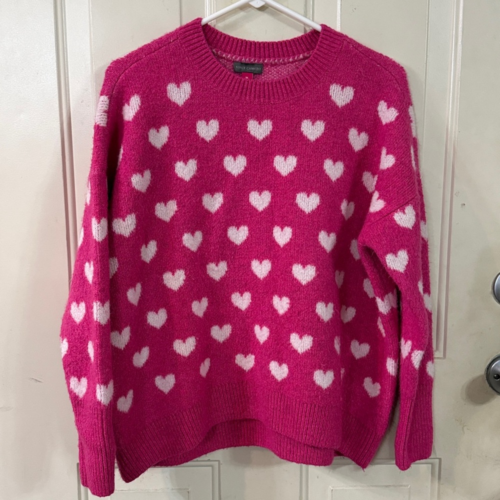 Vince Camuto Pink White Heart Sweater Size M Holiday Romantic Feminine‎ Comfy